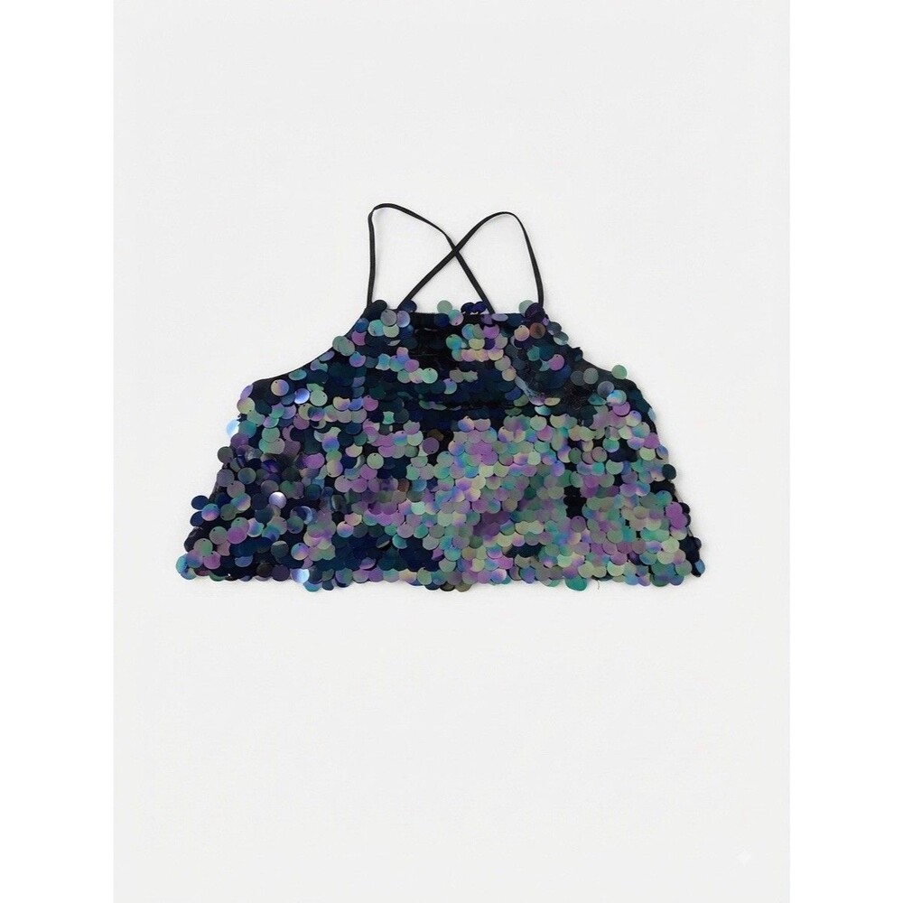 idem ditto Women's S Black Iridescent Sequin Crop Top Spaghetti Strap Party Y2K